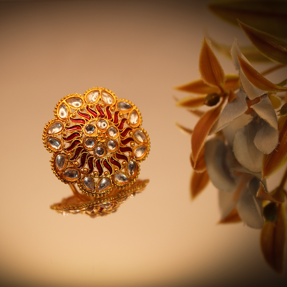 Traditional Crimson Petal Adjustable Kundan Cocktail Ring