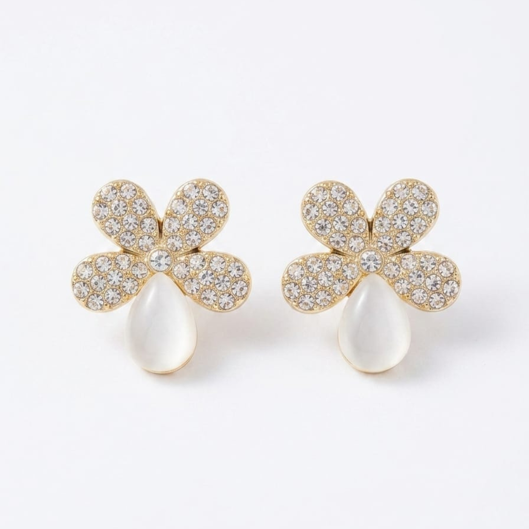 Crystal Flower Pearl Drop Earrings