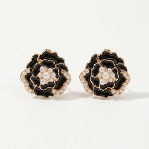 Black Floral Pearl Statement Earrings