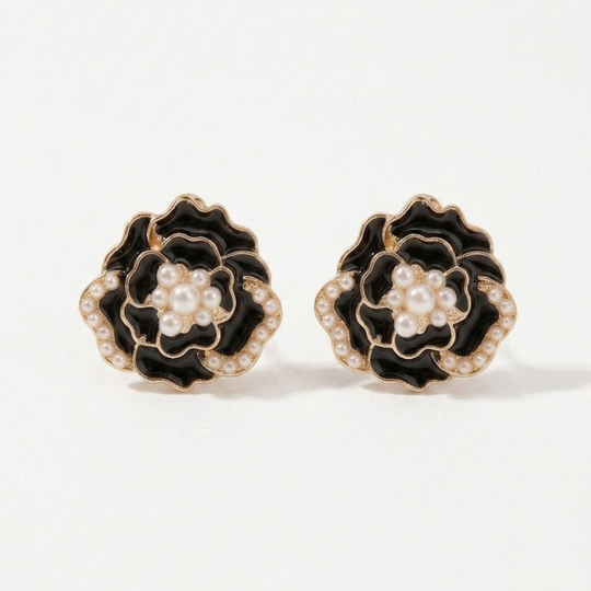 Black Floral Pearl Statement Earrings
