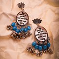 Mantra Engraved Oxidized Jhumka Earrings With Blue Beads