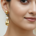 Contemporary Golden Pebble & Pearl Dangle Earrings