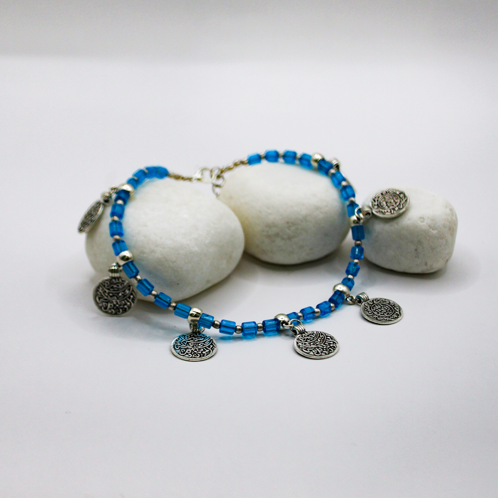 Coin Charms Silver-Blue Beaded Anklets