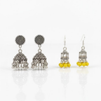 Ethnic Silver Jhumka Combo – Oxidised & Yellow Bead Earrings