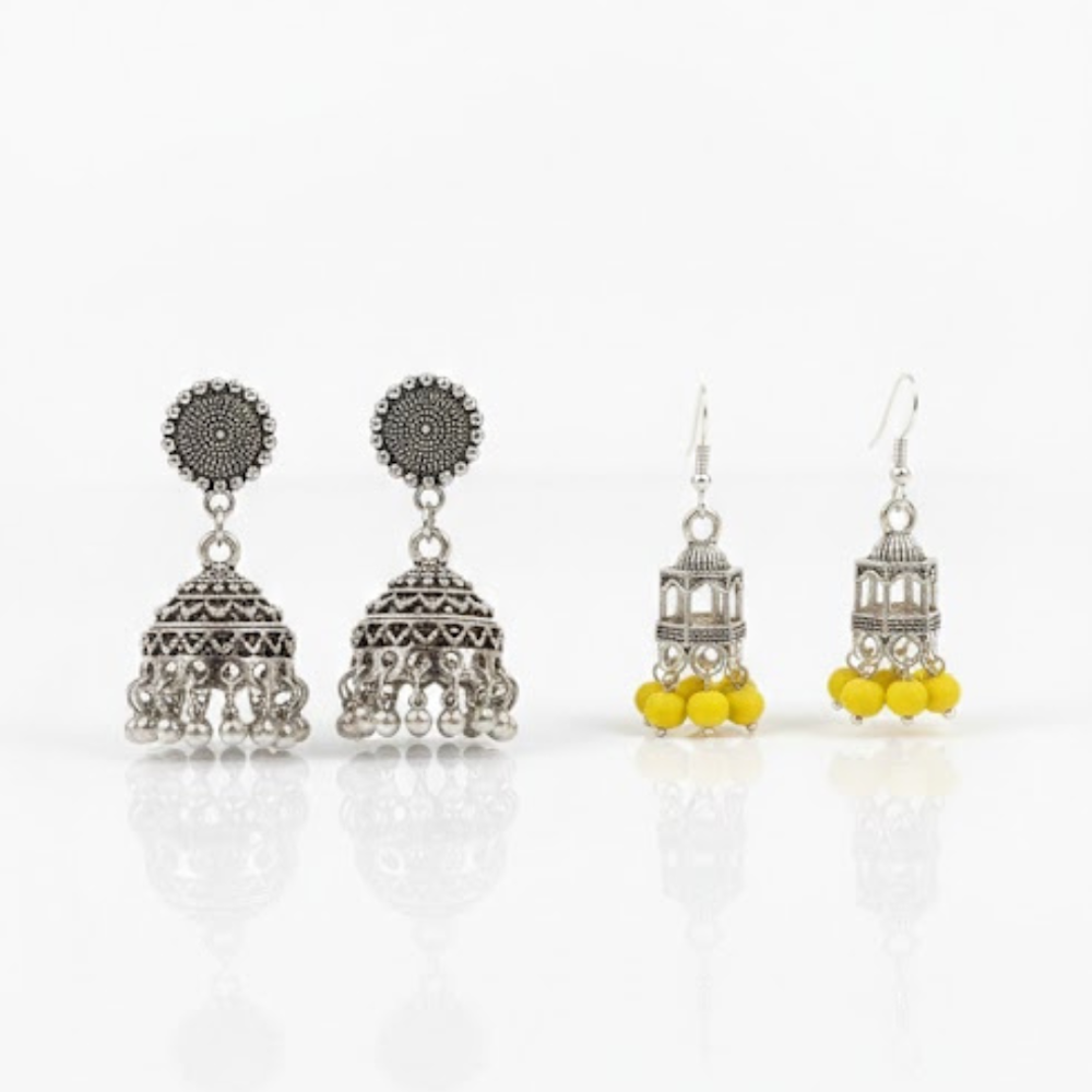 Ethnic Silver Jhumka Combo – Oxidised & Yellow Bead Earrings