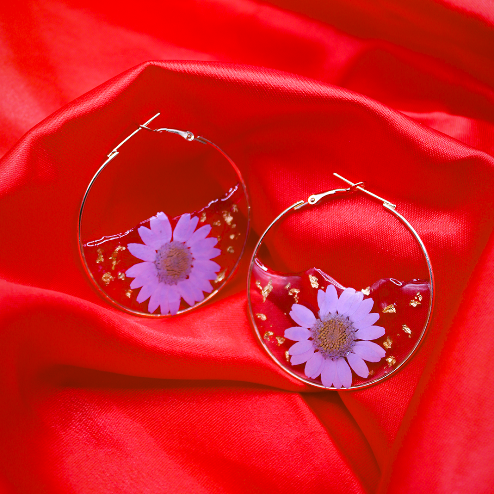 Lilac Bloom Resin Hoop Earrings