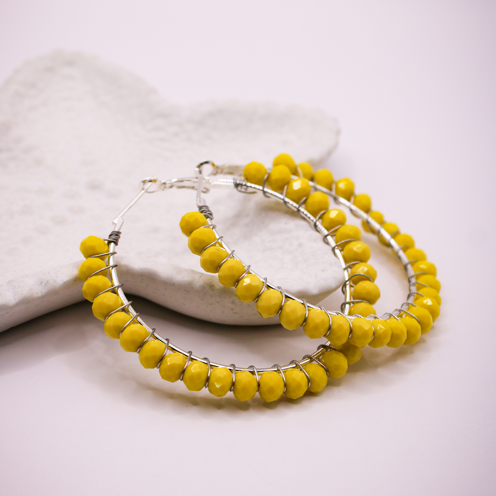 Yellow Beaded Hoop Earrings
