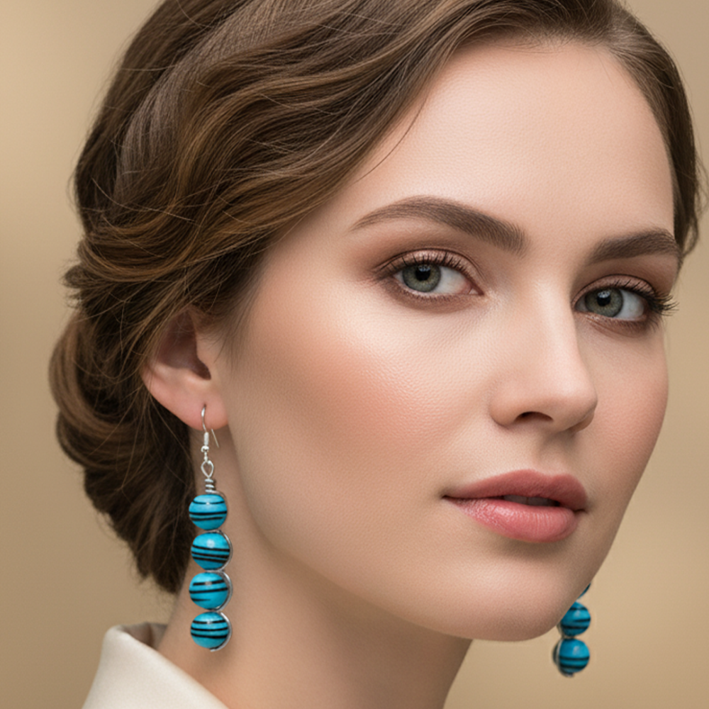 Wire Wrapped Blue Beaded Dangle Earrings