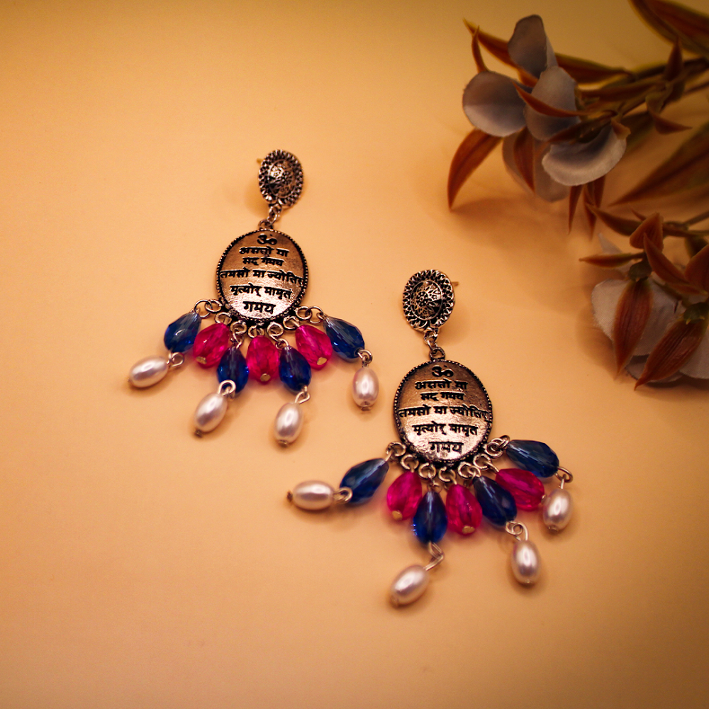 Mantra Engraved Oxidized Jhumka Earrings With Pink-Blue Beads