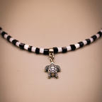 Dangling Tortoise Charm Black-White Beaded Anklets