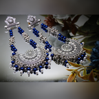 Oxidized Silver Chandbali Earrings With Silver-Blue Beads
