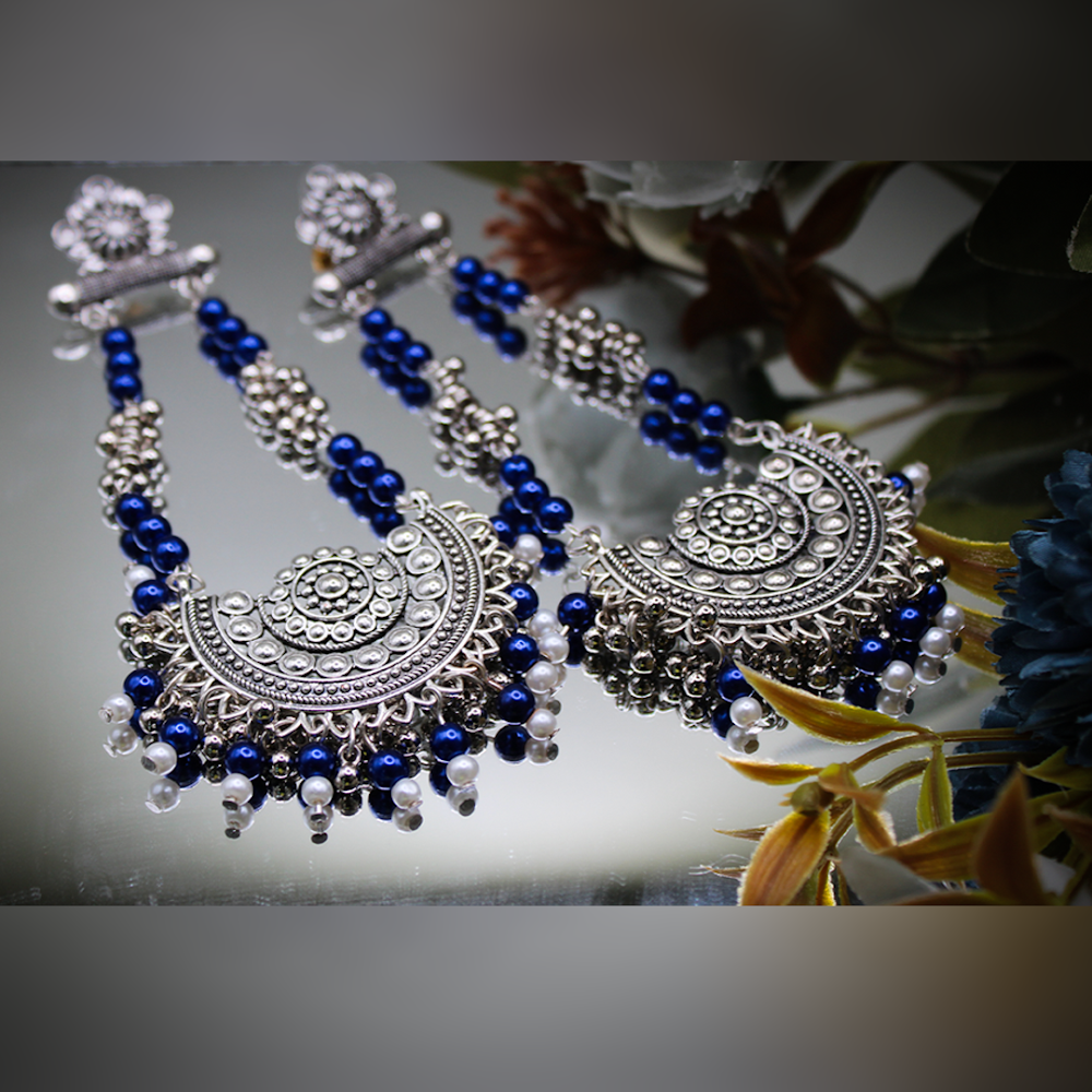 Oxidized Silver Chandbali Earrings With Silver-Blue Beads