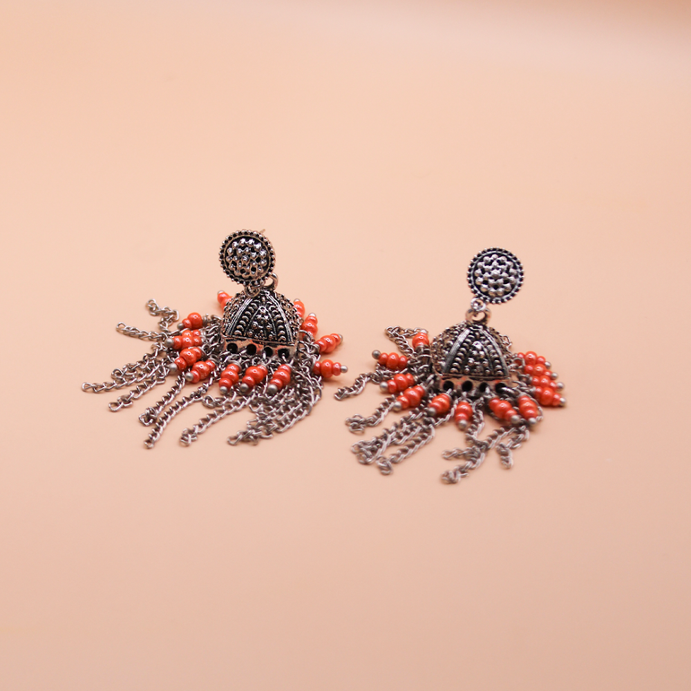 Oxidized Chain Tassel Jhumka Earrings