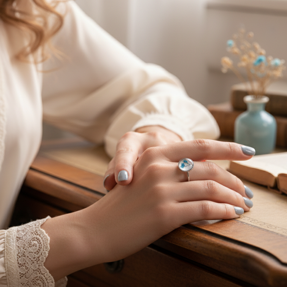 Silver Resin Bloom Adjustable Ring anti--tarnish