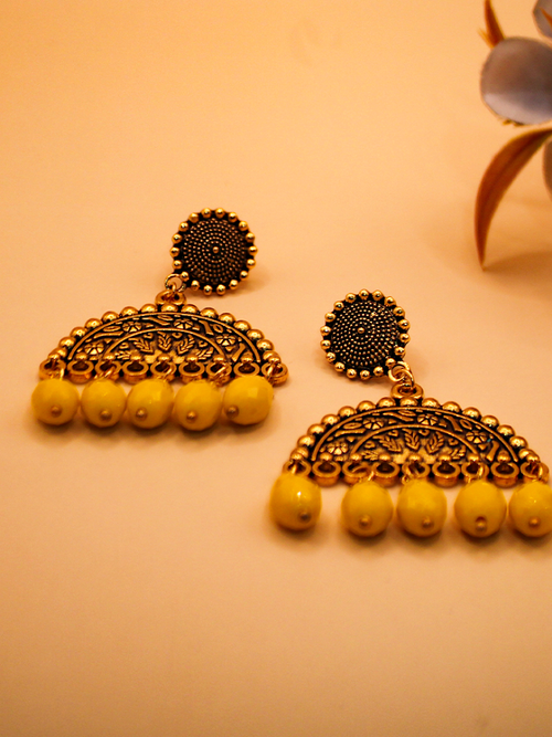 Canary Semi-Circle Filigree Oxidized Jhumka Earrings