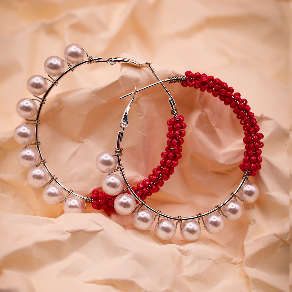 Pink-White Pearl Hoop Earrings