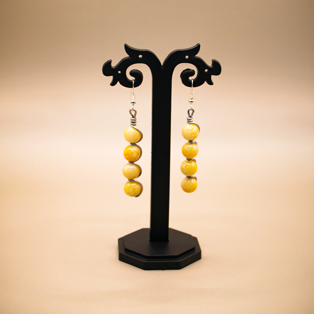Wire Wrapped Yellow Beaded Dangle Earrings