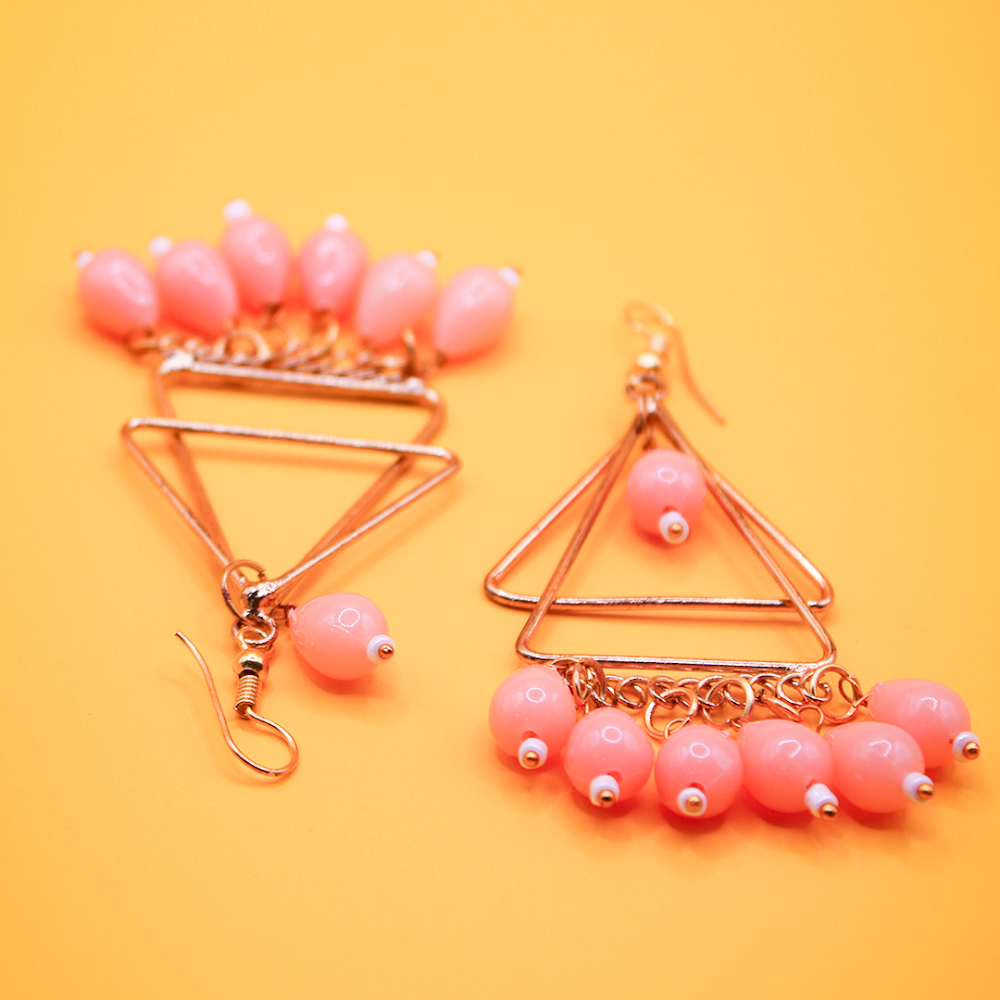 Triangular Dangle Earrings With Peach Beads