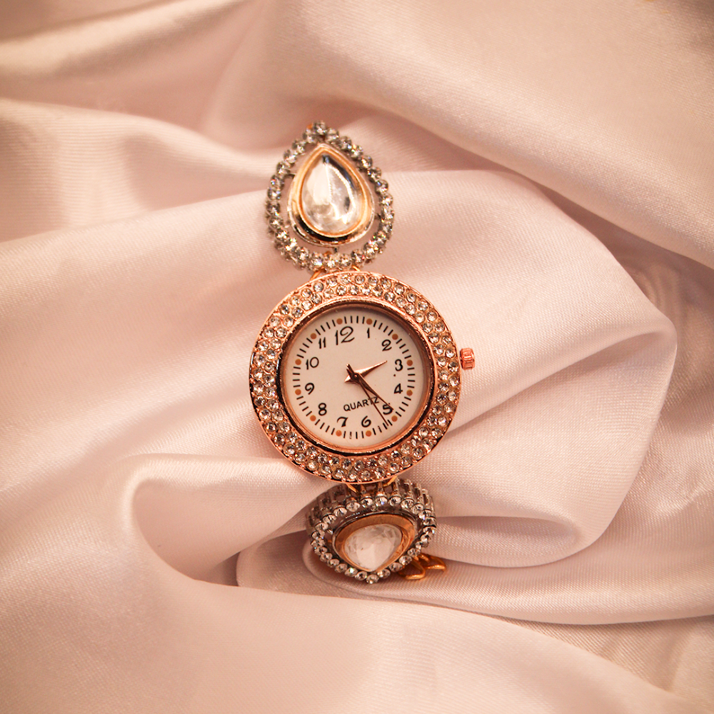 Pear Drop Rose Gold Kundan Bracelet Watch