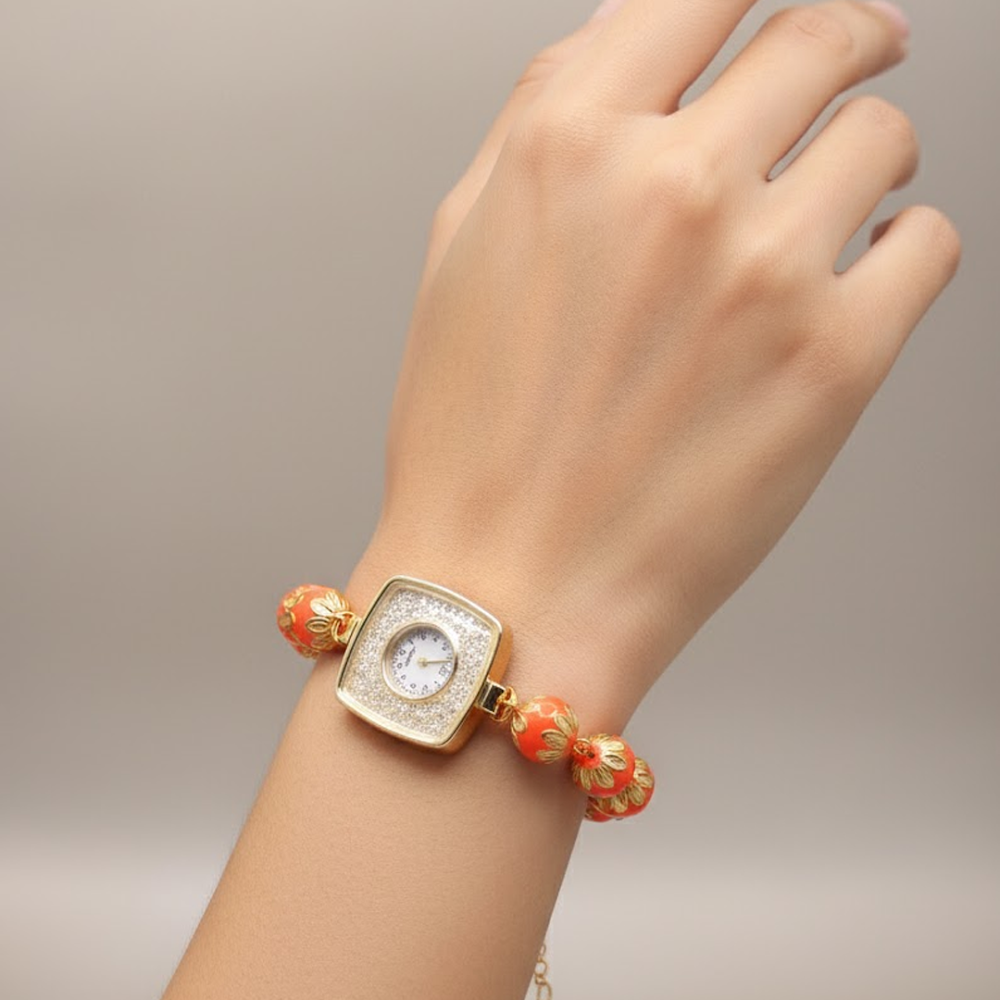 Coral Lustre Golden Bracelet Watch