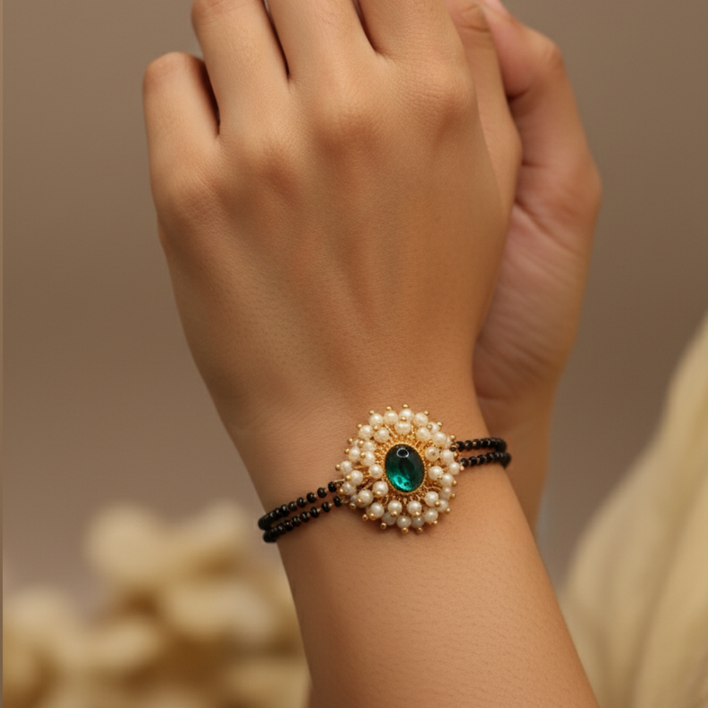 Golden-Black Green Stone Mangalsutra Bracelet