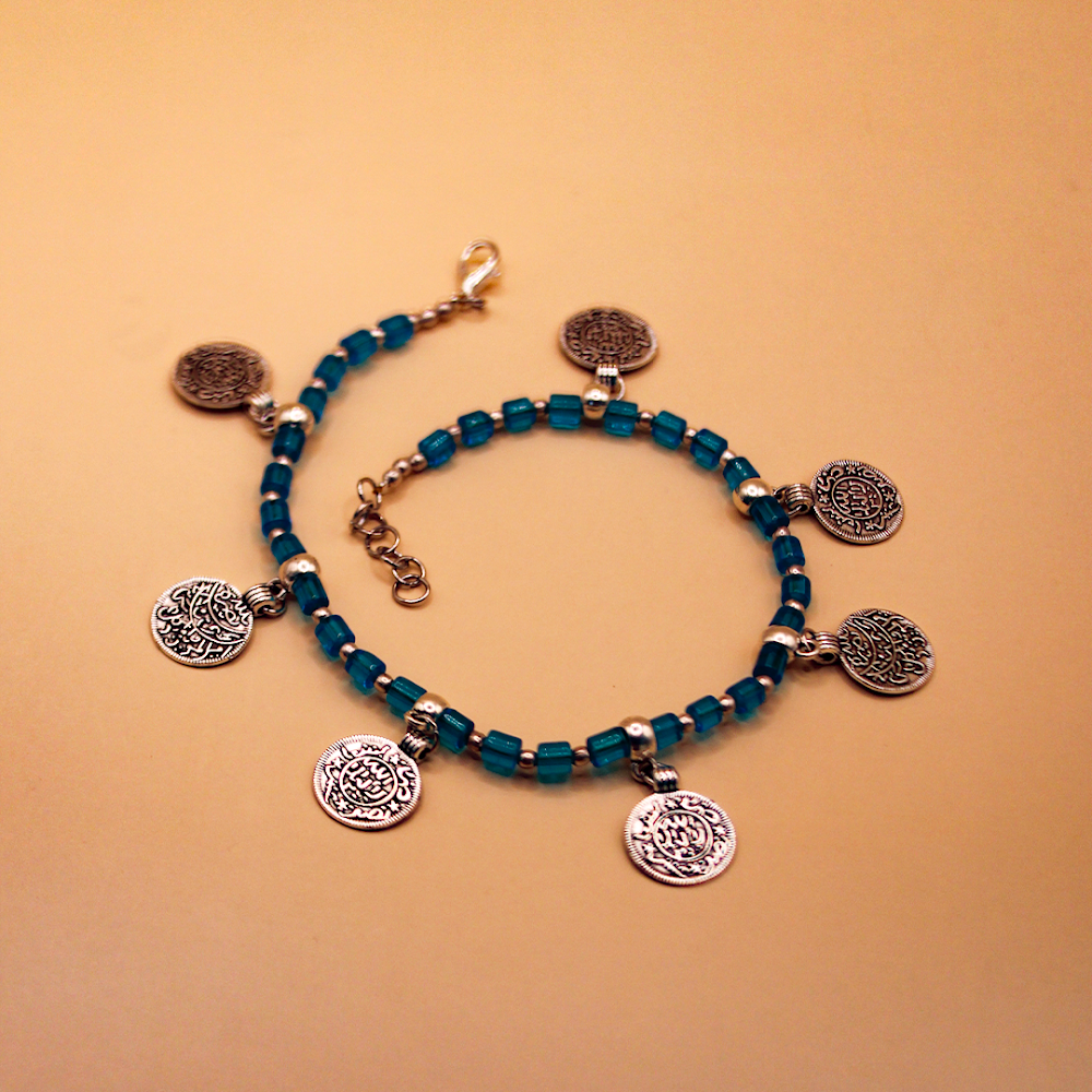 Coin Charms Silver-Blue Beaded Anklets