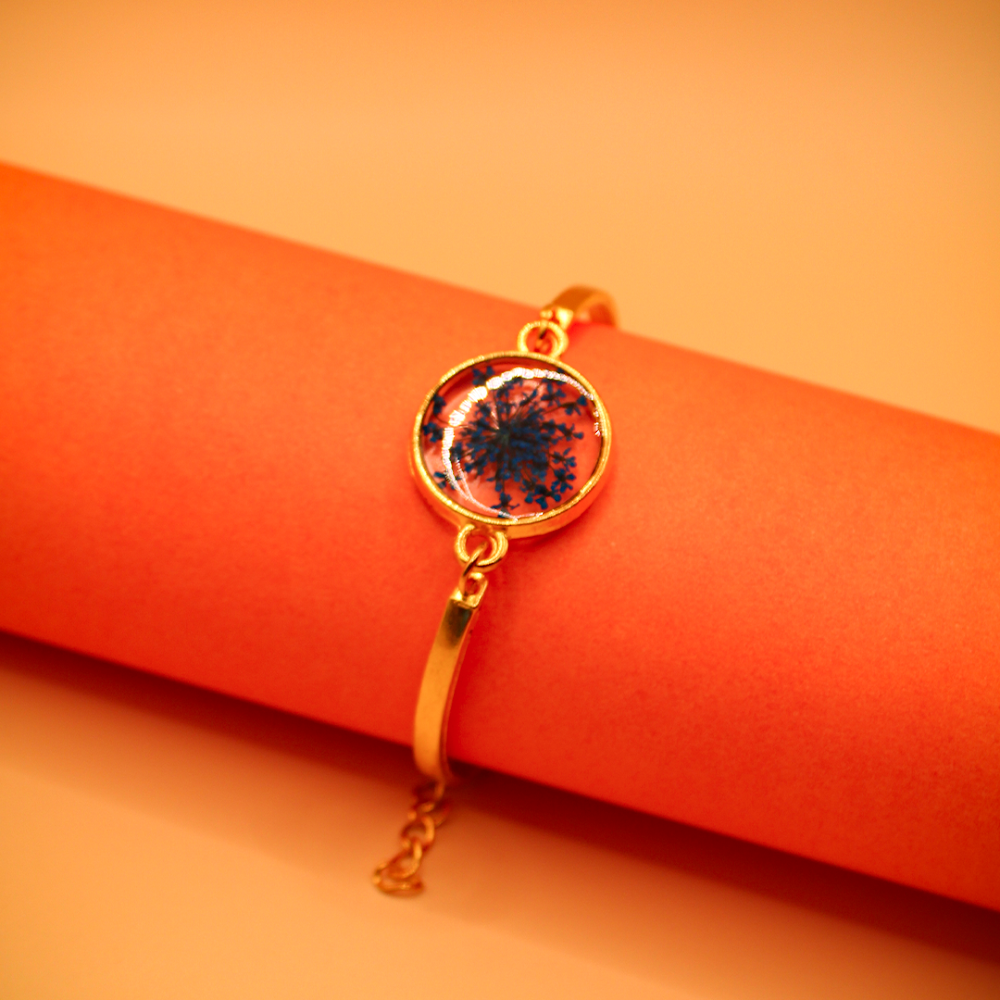 Gilded Round Azure Floral Resin Cuff Bracelet