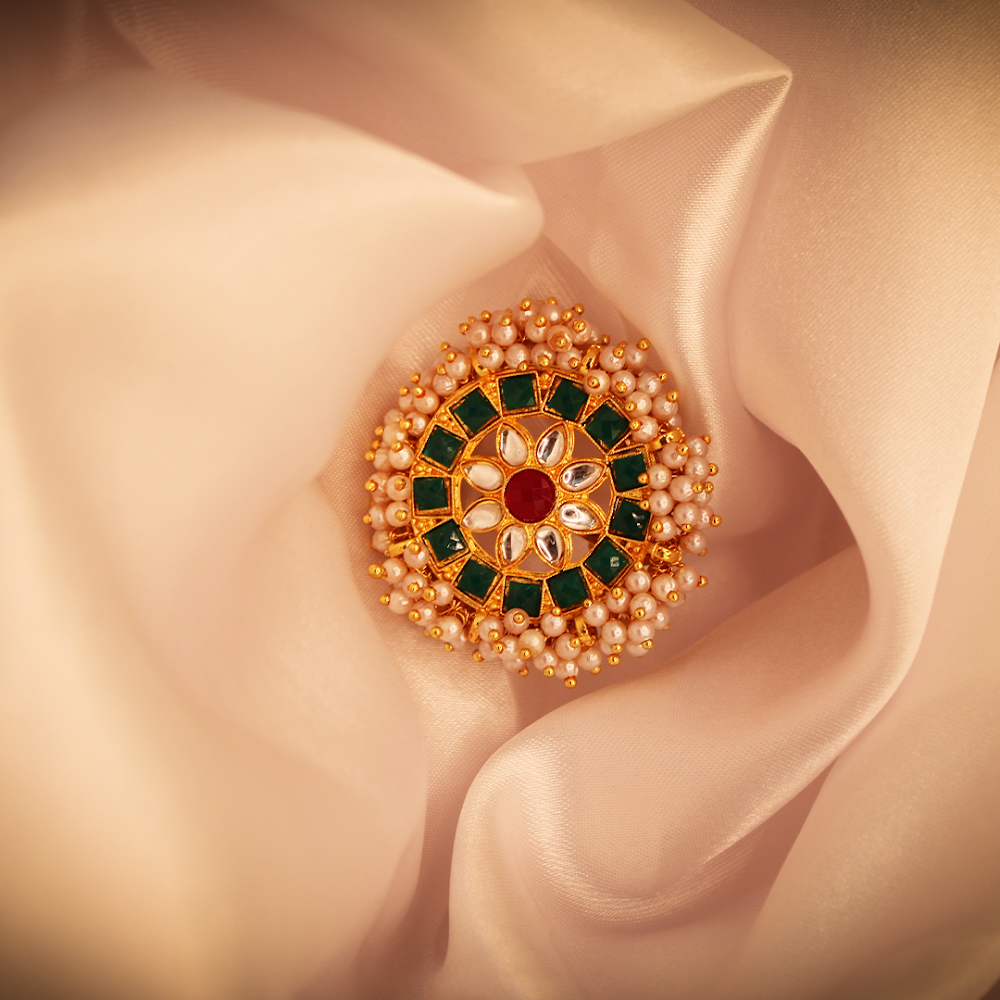 Heavy Green Kundan Pearl Bordered Adjustable Ring