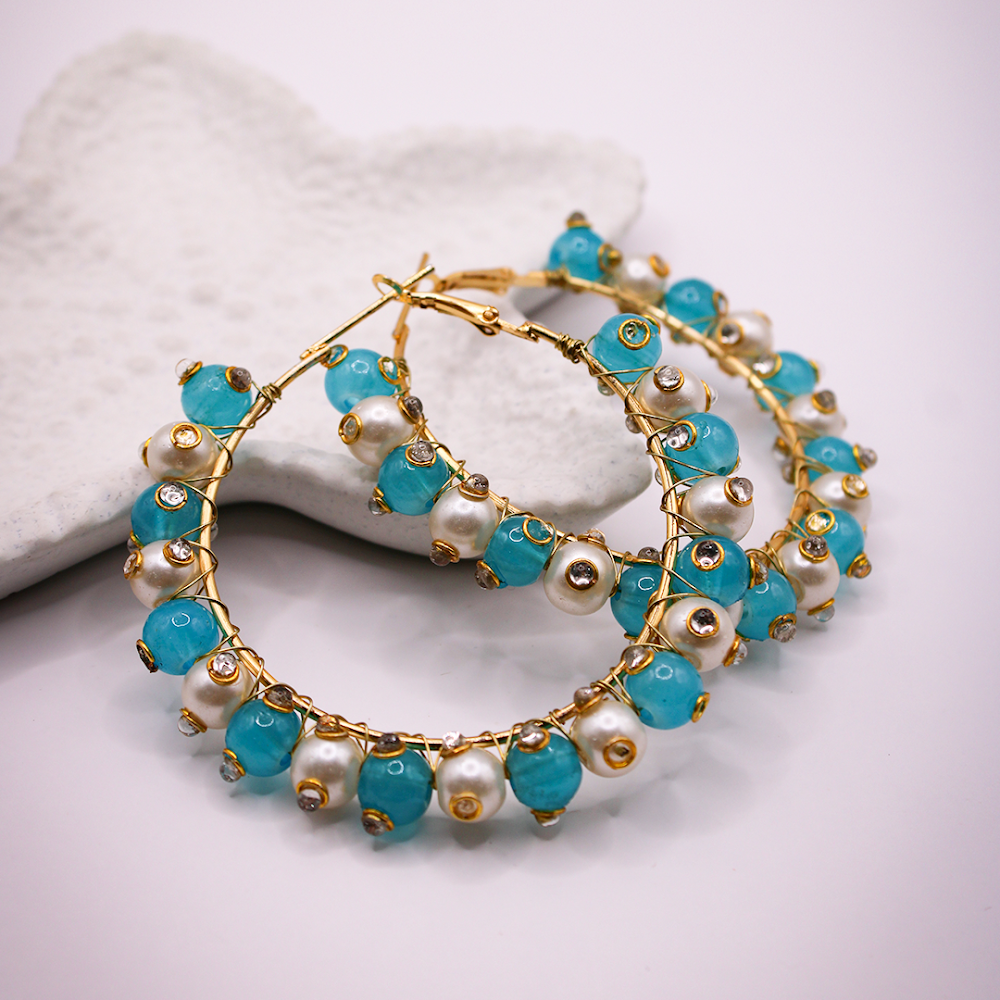 White-Blue Hoop Earrings