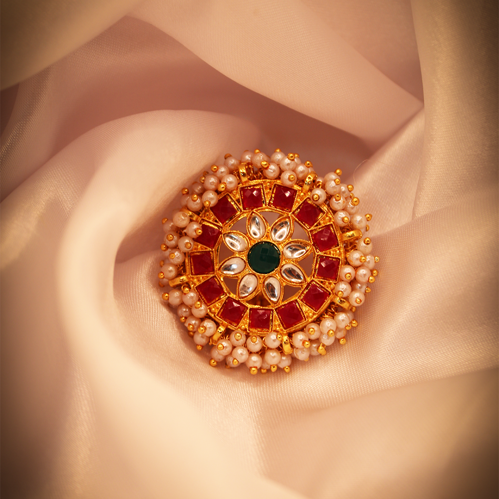 Heavy Red Kundan Pearl Bordered Adjustable Ring