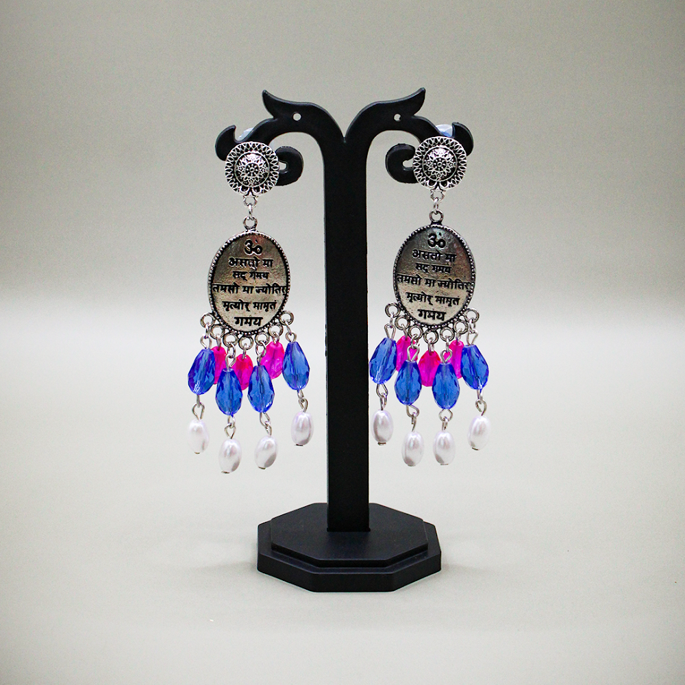 Mantra Engraved Oxidized Jhumka Earrings With Pink-Blue Beads