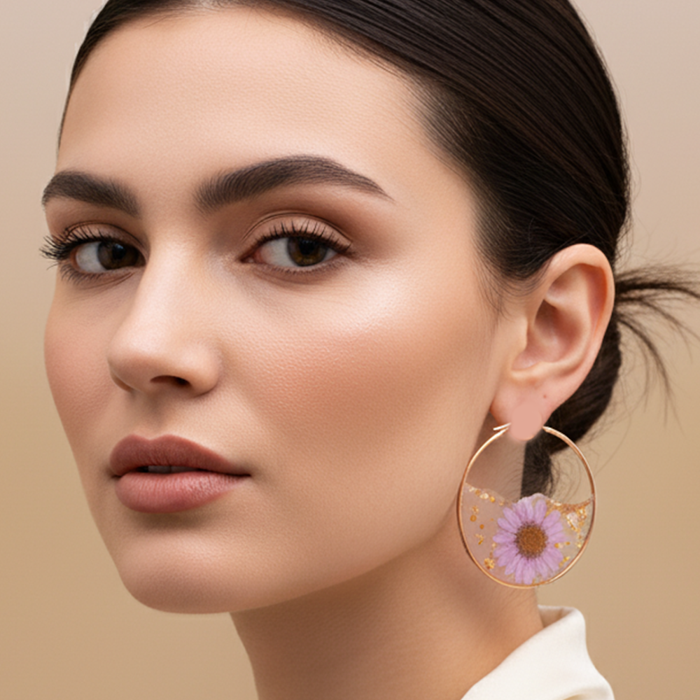 Lilac Bloom Resin Hoop Earrings
