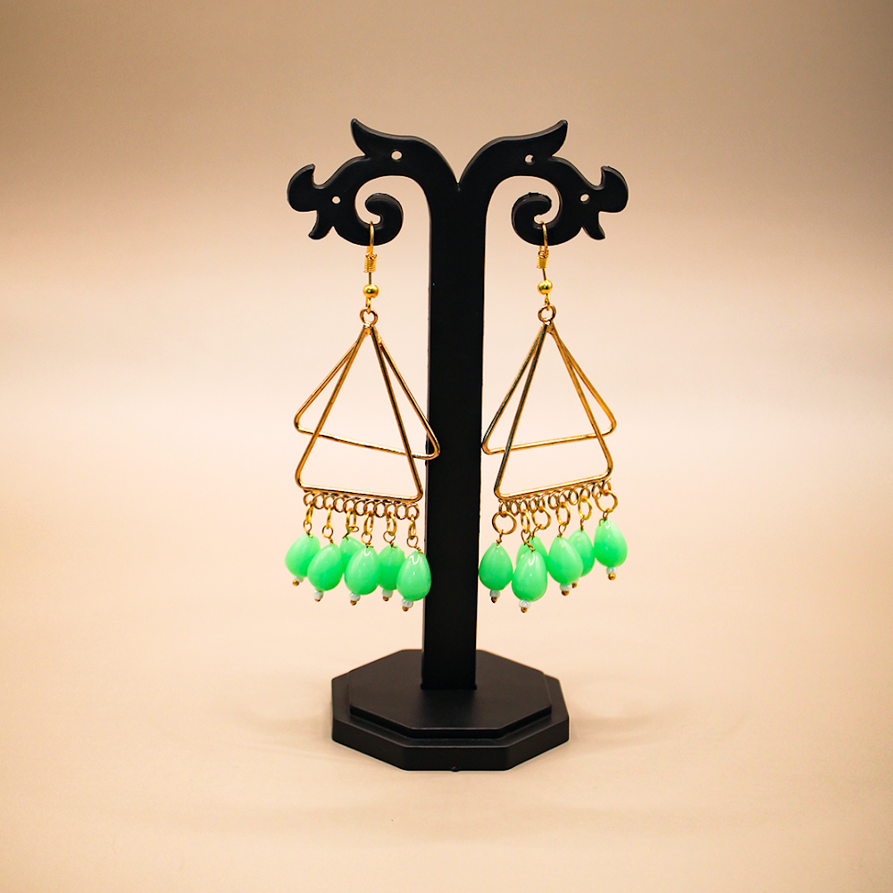 Triangular Dangle Earrings With Green Beads