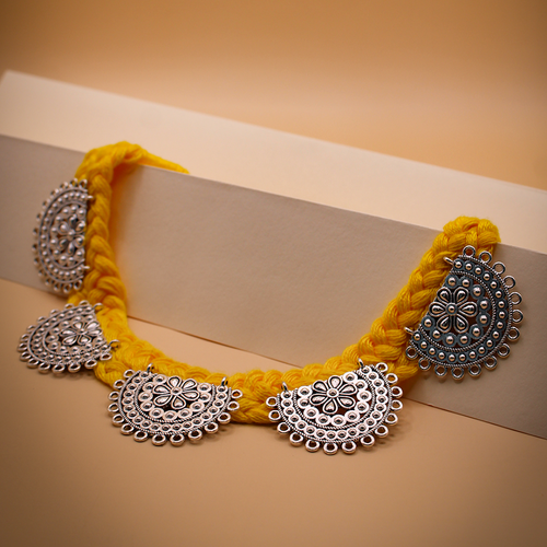 Silver Chandra Bali Silk Thread Yellow Choker Necklace