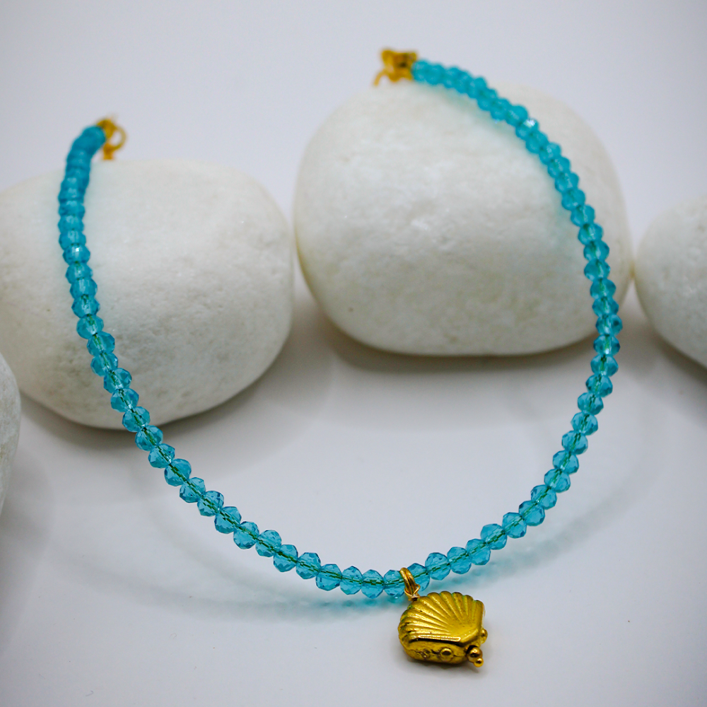 Shell Charm Blue-Gold Beaded Anklets