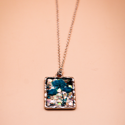 Teal Flora Sparkle Resin Pendant
