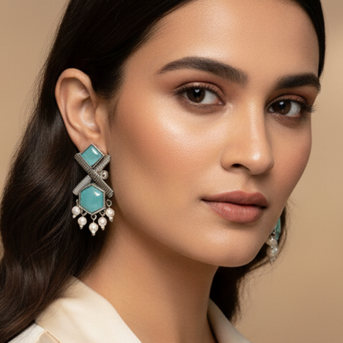Teal Geometric Cluster Oxidized Dangle Earrings