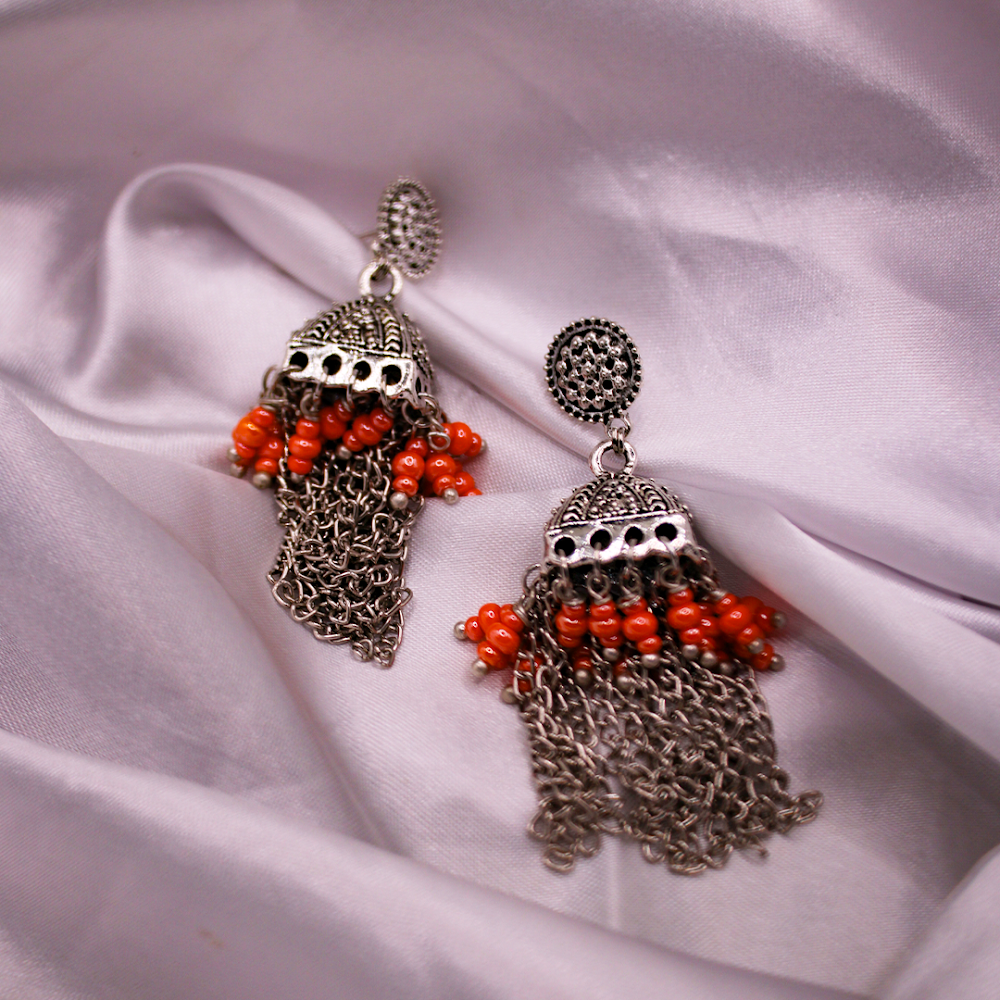 Oxidized Chain Tassel Jhumka Earrings