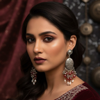 Mantra Engraved Oxidized Jhumka Earrings With Red Beads