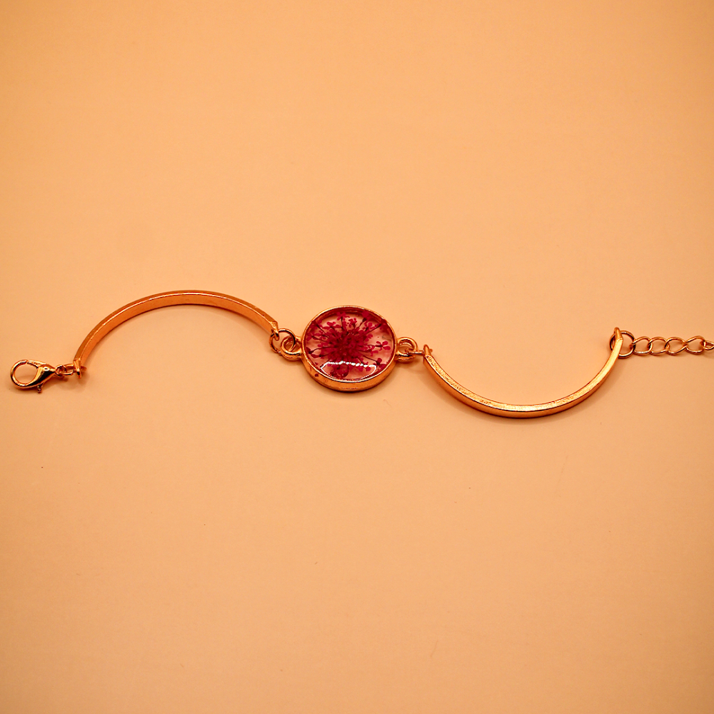 Gilded Round Pink Floral Resin Cuff Bracelet