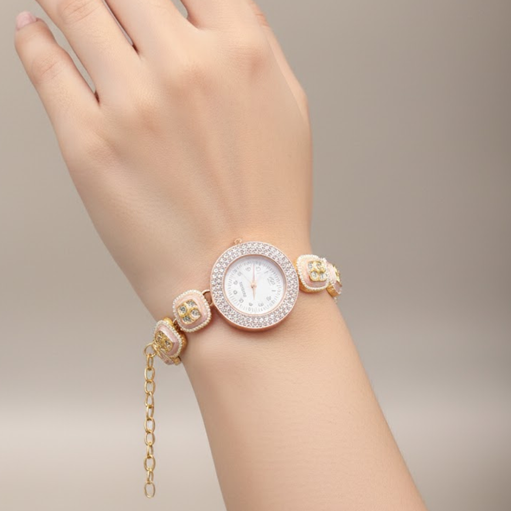 Blush Petal Golden Kundan Bracelet Watch