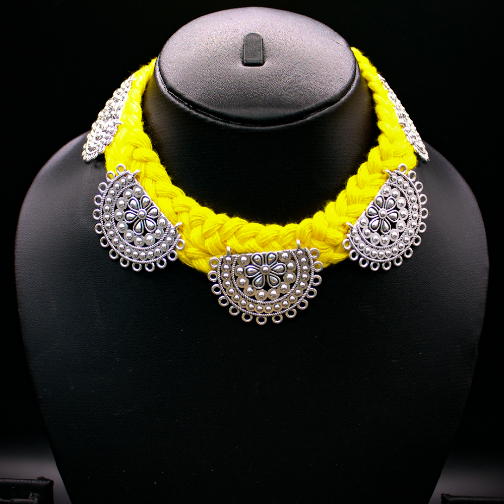 Silver Chandra Bali Silk Thread Yellow Choker Necklace