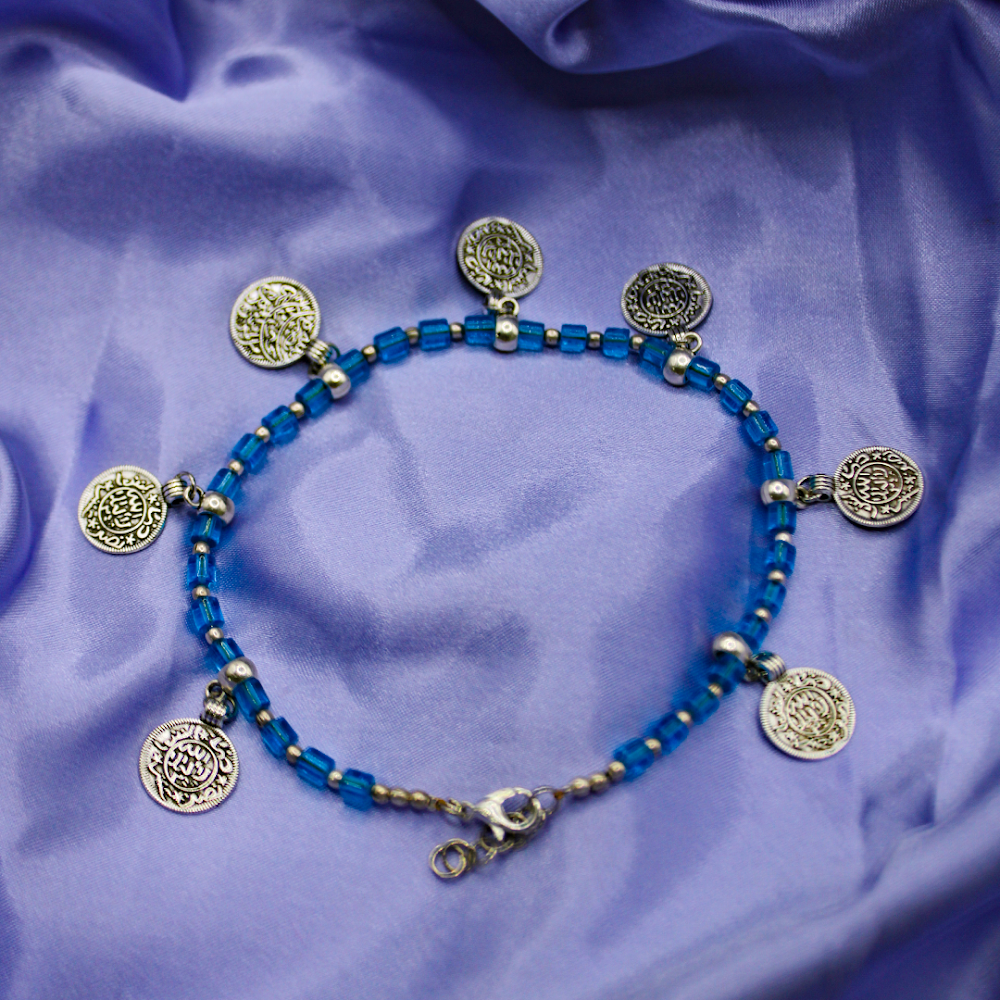 Coin Charms Silver-Blue Beaded Anklets