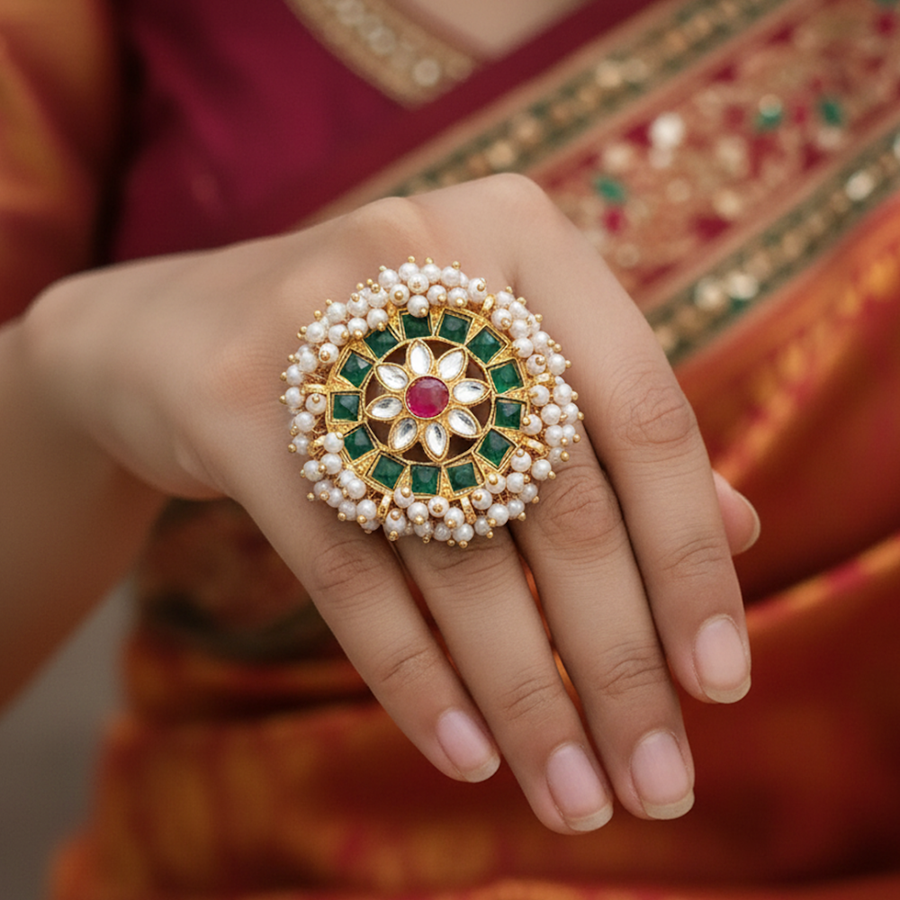 Heavy Green Kundan Pearl Bordered Adjustable Ring