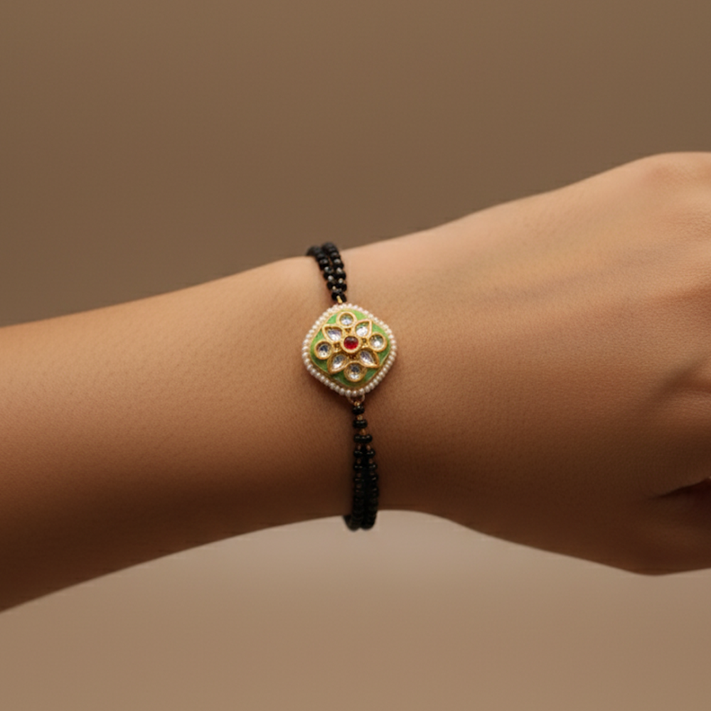 Golden-Black Green Rounded Square Mangalsutra Bracelet