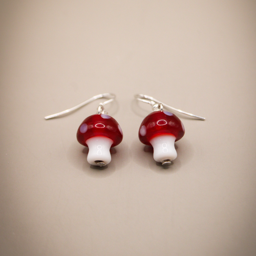 Miniature Red Mushroom Drop Dangle Earrings