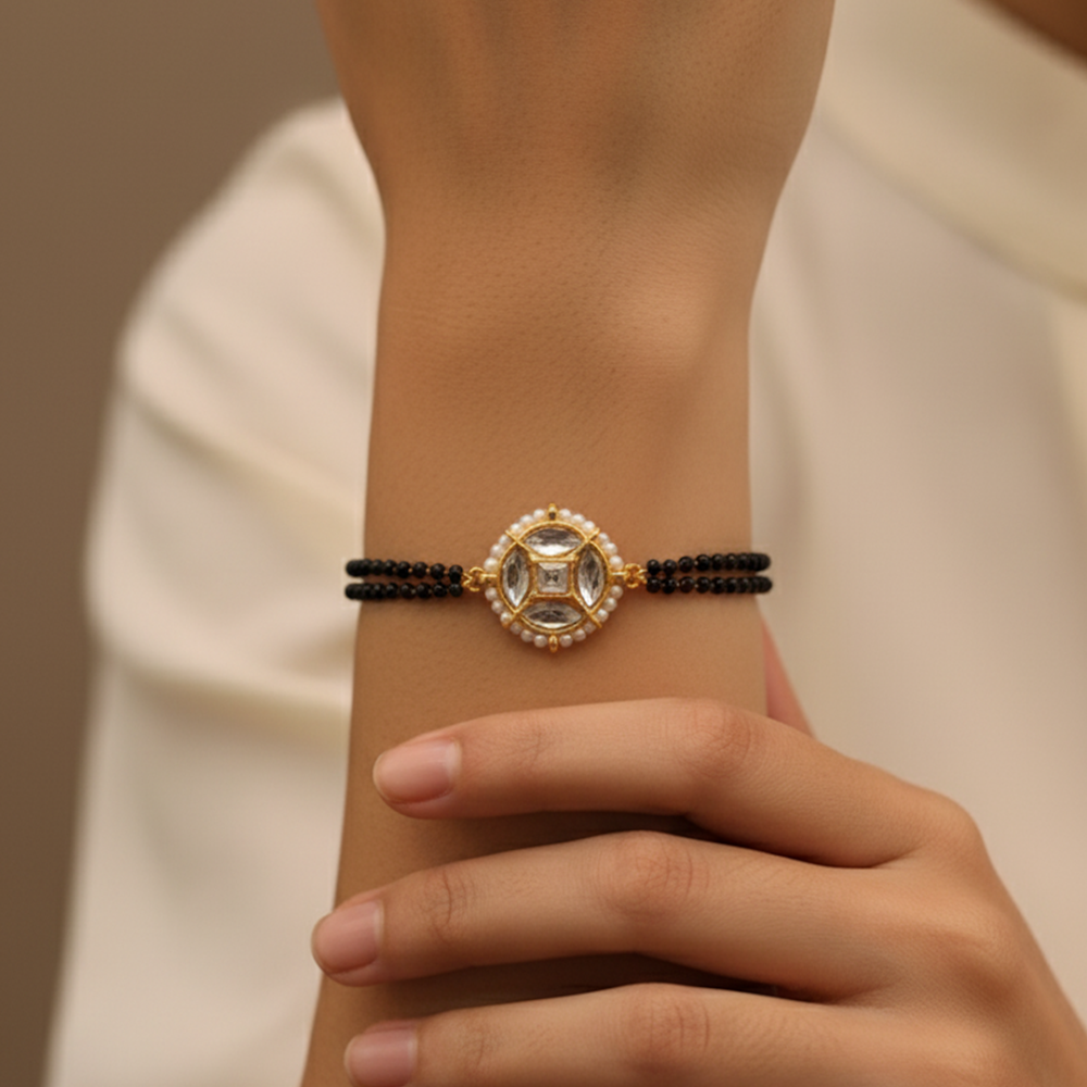 Golden-Black Rounded Square Mangalsutra Bracelet