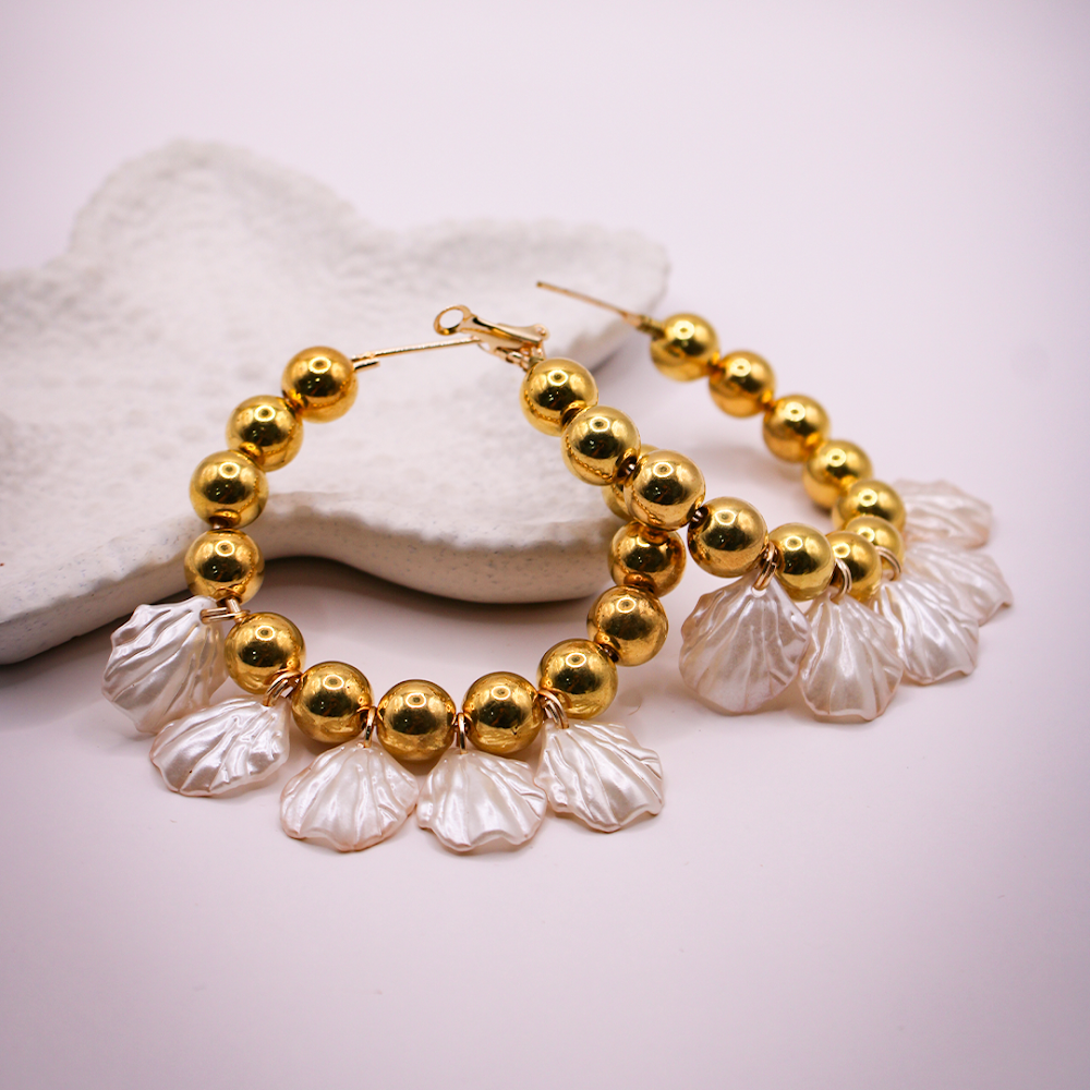 Golden Pearl Hoop Earrings With White Shell