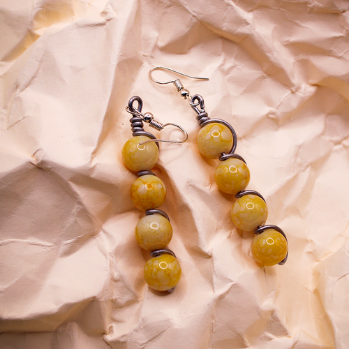 Wire Wrapped Yellow Beaded Dangle Earrings