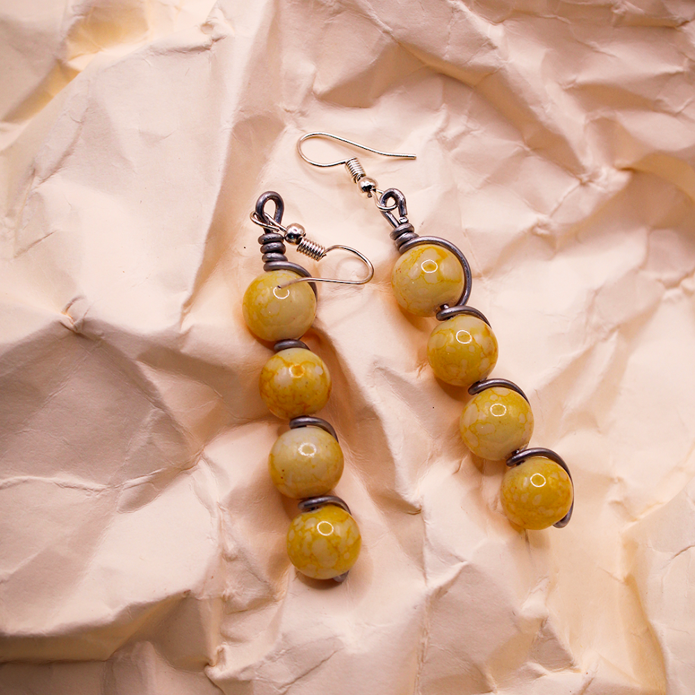 Wire Wrapped Yellow Beaded Dangle Earrings